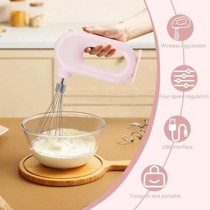 Cordless Hand Mixer, Handheld Mixer Electric Hand Mixer 4 Speed Electric Handheld Mini Egg Beater USB Charing 1500mah(Pink)