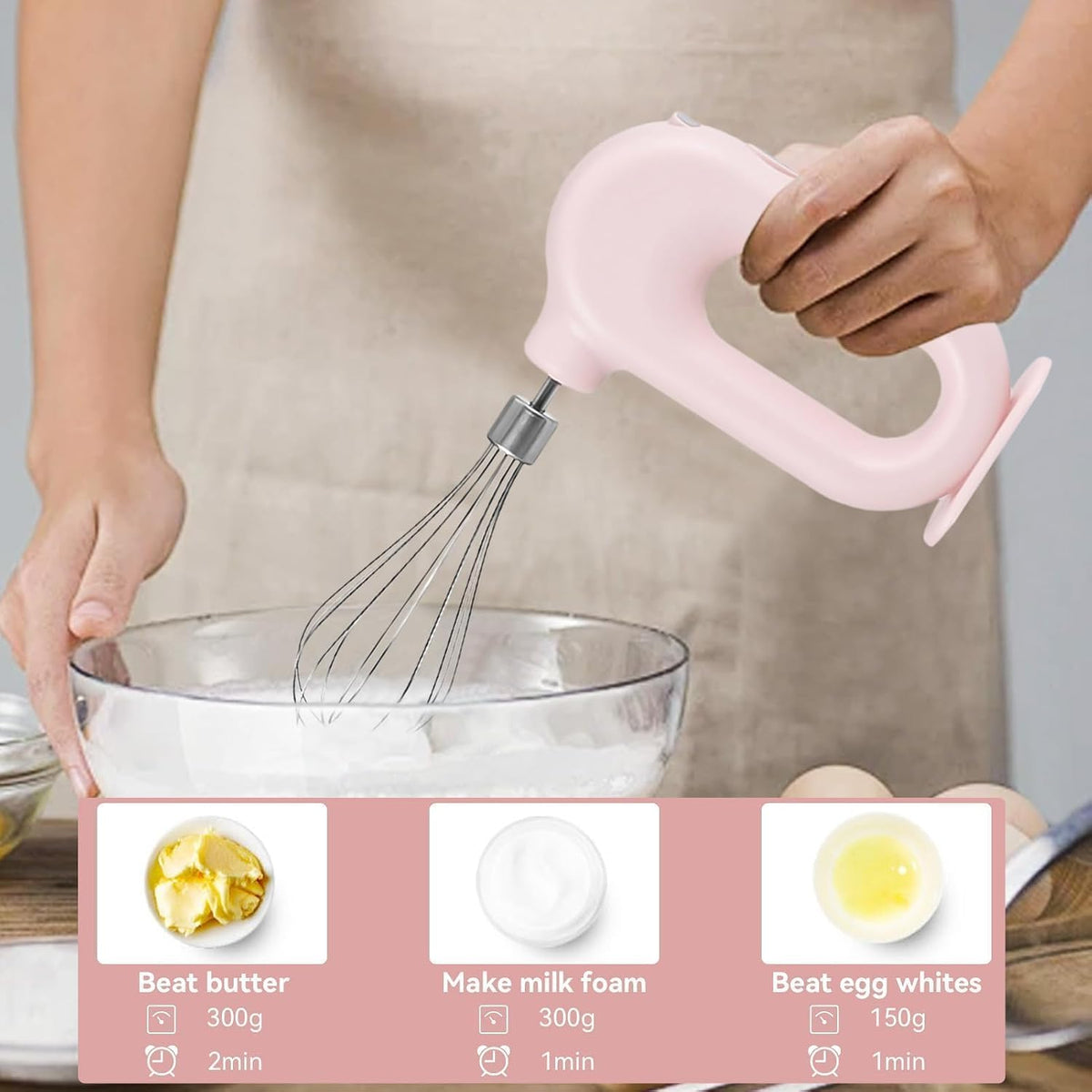 Cordless Hand Mixer, Handheld Mixer Electric Hand Mixer 4 Speed Electric Handheld Mini Egg Beater USB Charing 1500mah(Pink)