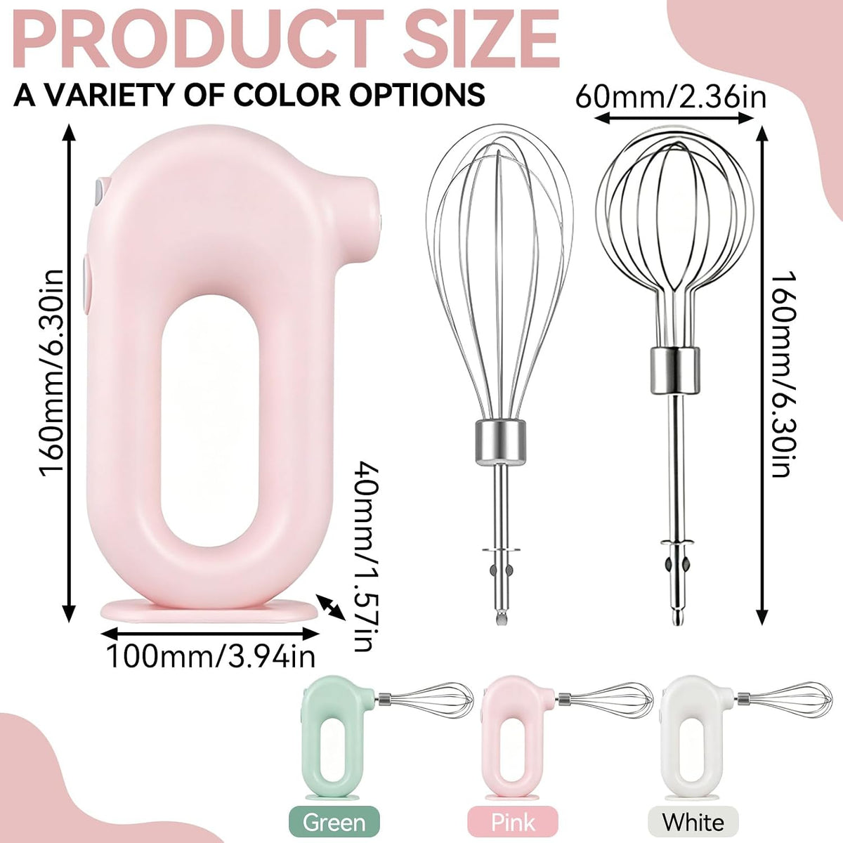 Cordless Hand Mixer, Handheld Mixer Electric Hand Mixer 4 Speed Electric Handheld Mini Egg Beater USB Charing 1500mah(Pink)