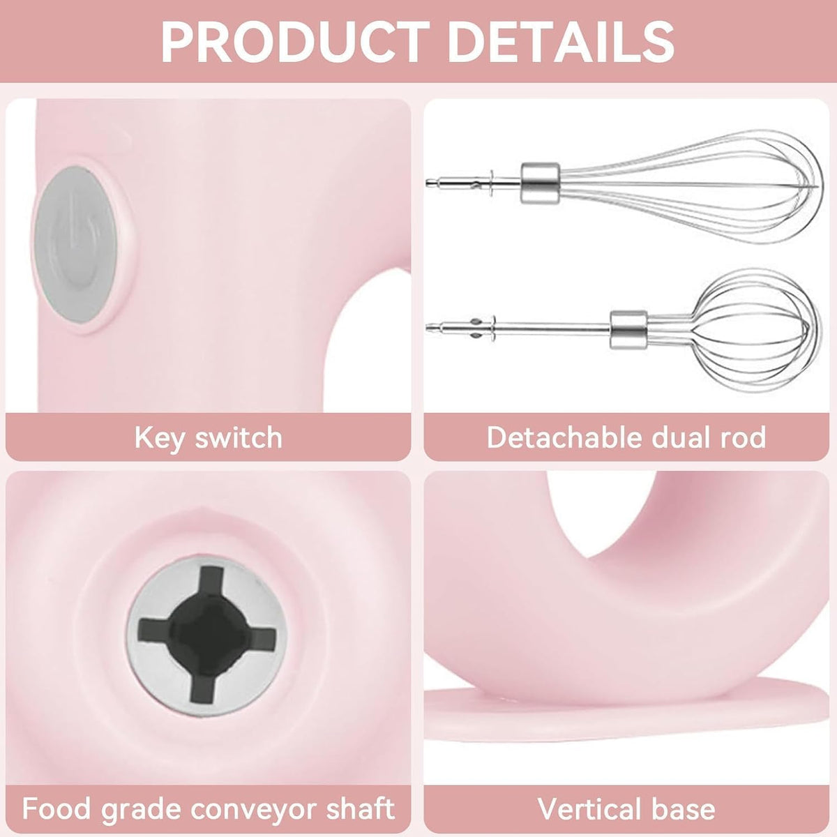Cordless Hand Mixer, Handheld Mixer Electric Hand Mixer 4 Speed Electric Handheld Mini Egg Beater USB Charing 1500mah(Pink)