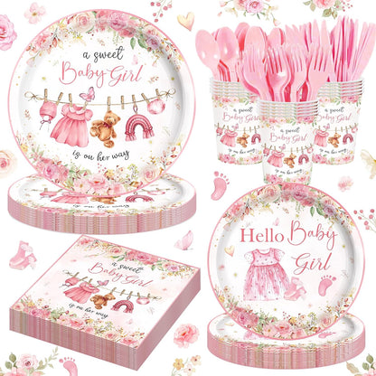 140PCS Pink Baby Shower Decorations Girls Baby Shower Party Supplies Disposable Plates Napkins Spoons Cups Tableware Set Serve 20 Guests