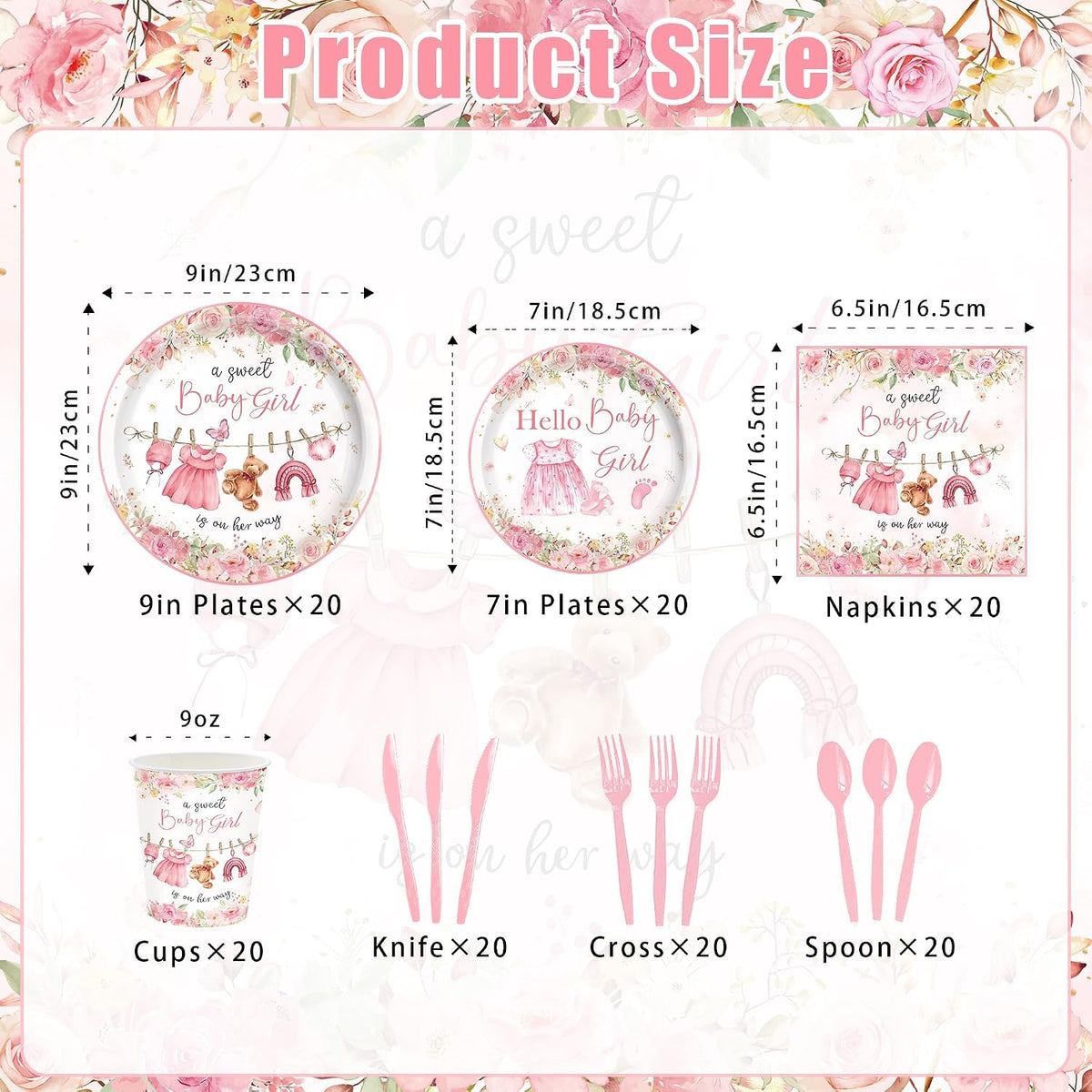 140PCS Pink Baby Shower Decorations Girls Baby Shower Party Supplies Disposable Plates Napkins Spoons Cups Tableware Set Serve 20 Guests