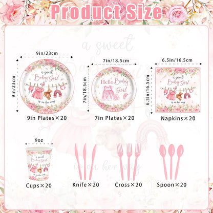 140PCS Pink Baby Shower Decorations Girls Baby Shower Party Supplies Disposable Plates Napkins Spoons Cups Tableware Set Serve 20 Guests