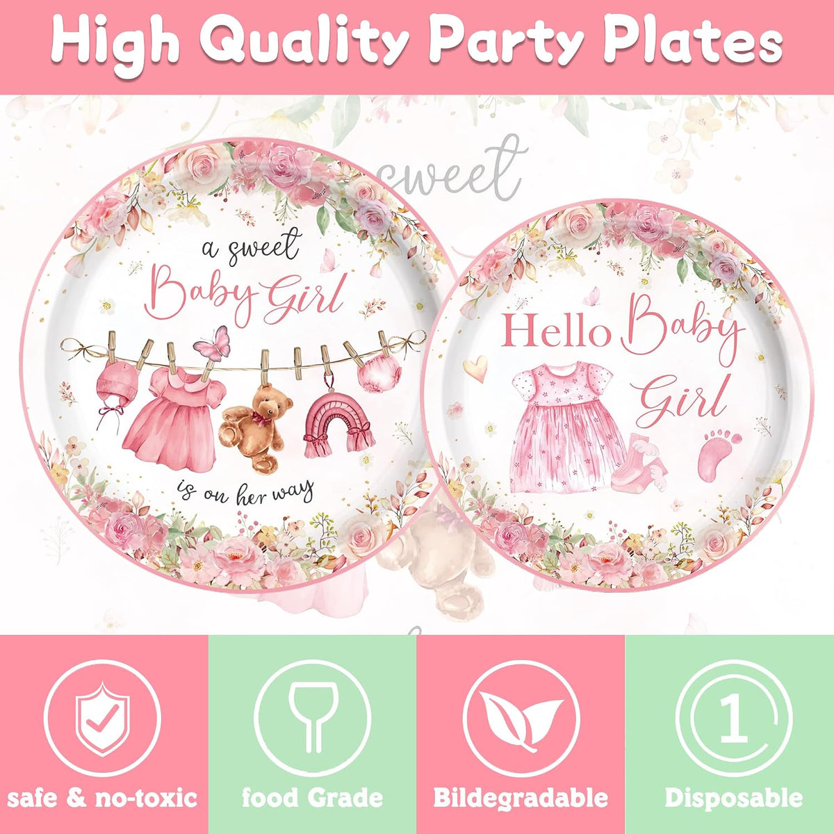 140PCS Pink Baby Shower Decorations Girls Baby Shower Party Supplies Disposable Plates Napkins Spoons Cups Tableware Set Serve 20 Guests