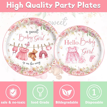 140PCS Pink Baby Shower Decorations Girls Baby Shower Party Supplies Disposable Plates Napkins Spoons Cups Tableware Set Serve 20 Guests