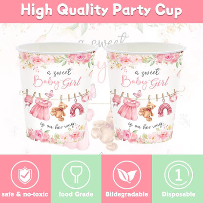 140PCS Pink Baby Shower Decorations Girls Baby Shower Party Supplies Disposable Plates Napkins Spoons Cups Tableware Set Serve 20 Guests