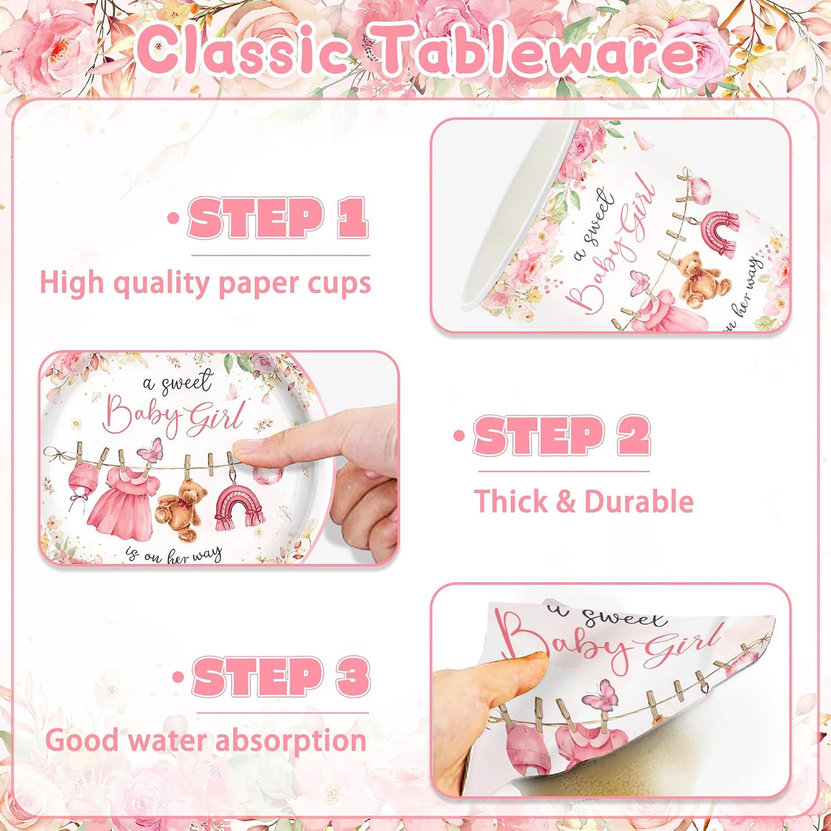 140PCS Pink Baby Shower Decorations Girls Baby Shower Party Supplies Disposable Plates Napkins Spoons Cups Tableware Set Serve 20 Guests