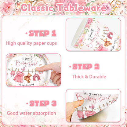 140PCS Pink Baby Shower Decorations Girls Baby Shower Party Supplies Disposable Plates Napkins Spoons Cups Tableware Set Serve 20 Guests