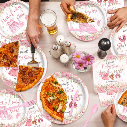 140PCS Pink Baby Shower Decorations Girls Baby Shower Party Supplies Disposable Plates Napkins Spoons Cups Tableware Set Serve 20 Guests
