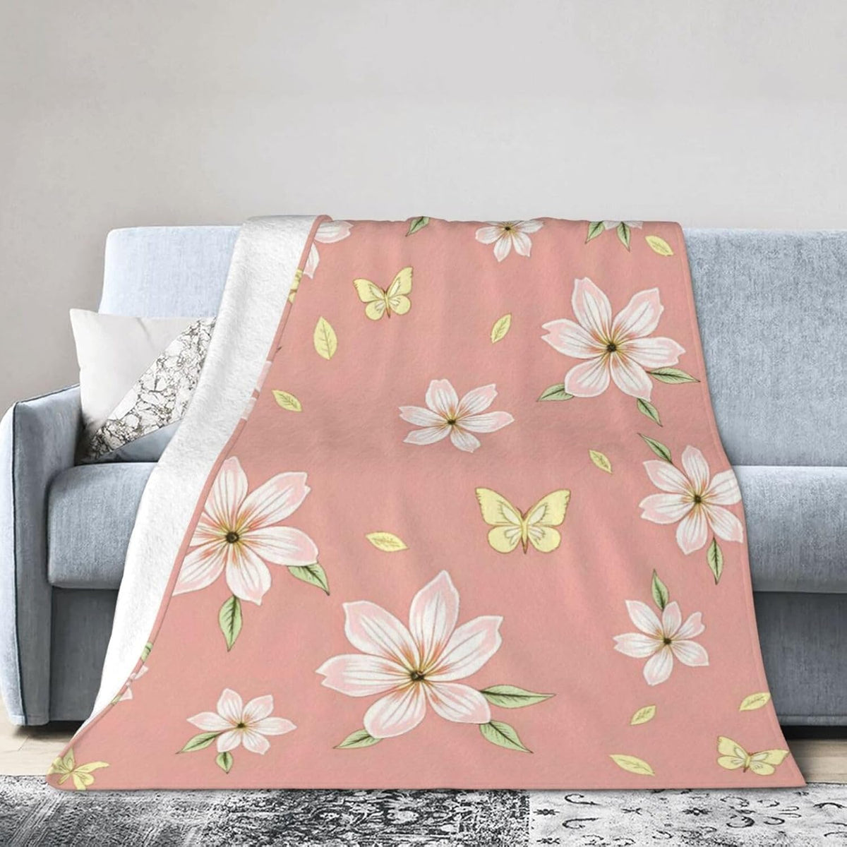 Soft Plush Fleece Throw Blanket Pink Floral Print Printed Polyester Couch Cover Blanket for Sofa Bedroom Camping Travel Indoor Home Decoration 80"X60"