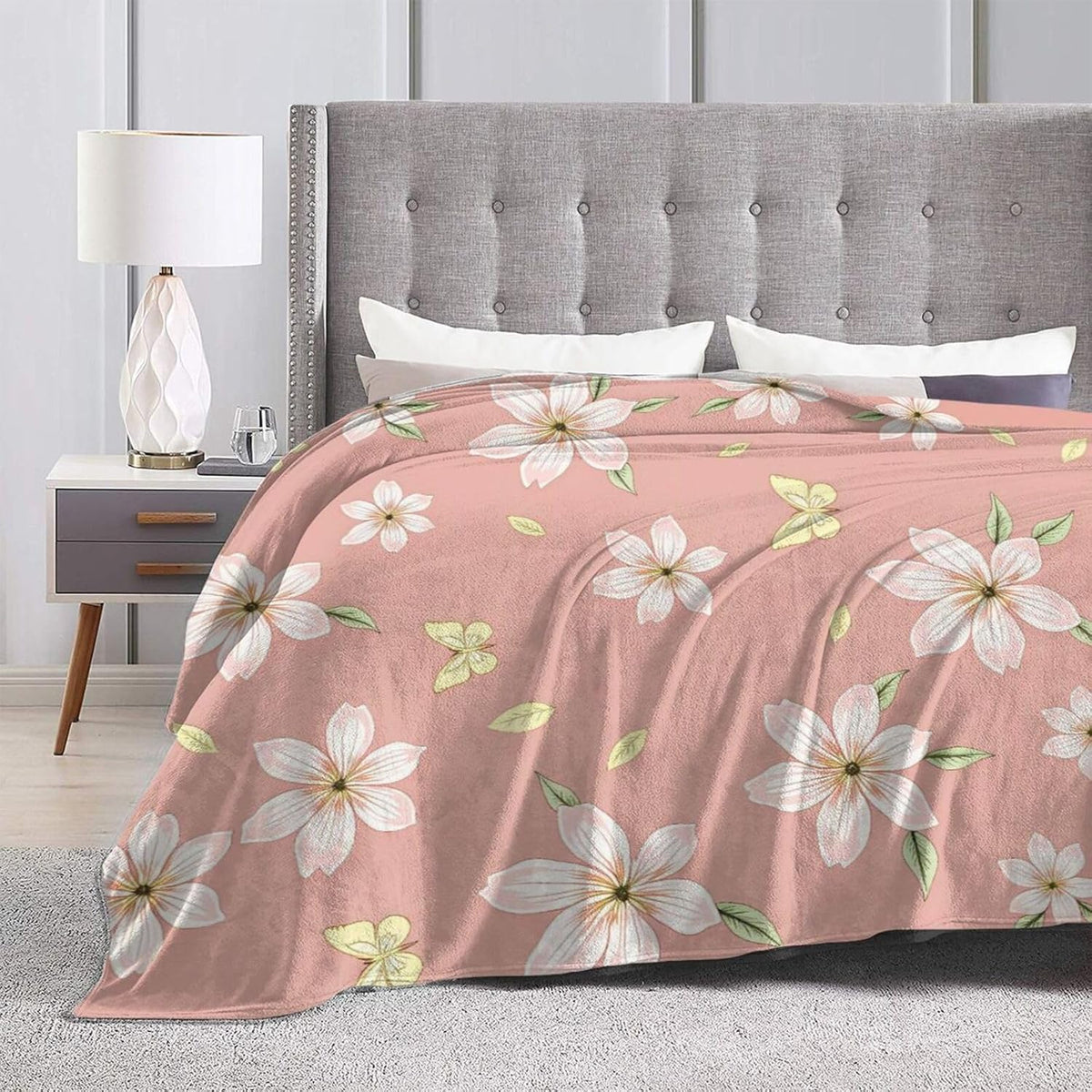 Soft Plush Fleece Throw Blanket Pink Floral Print Printed Polyester Couch Cover Blanket for Sofa Bedroom Camping Travel Indoor Home Decoration 80"X60"