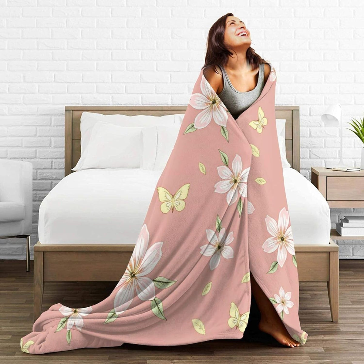 Soft Plush Fleece Throw Blanket Pink Floral Print Printed Polyester Couch Cover Blanket for Sofa Bedroom Camping Travel Indoor Home Decoration 80"X60"