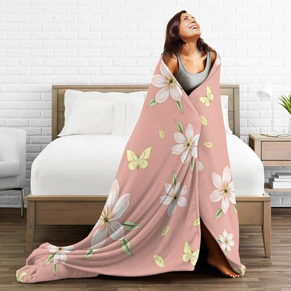 Soft Plush Fleece Throw Blanket Pink Floral Print Printed Polyester Couch Cover Blanket for Sofa Bedroom Camping Travel Indoor Home Decoration 80"X60"