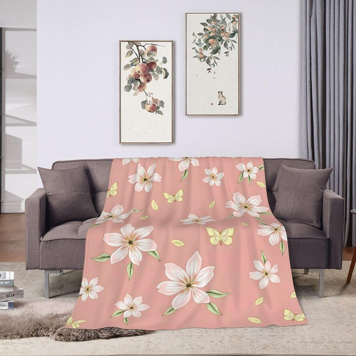 Soft Plush Fleece Throw Blanket Pink Floral Print Printed Polyester Couch Cover Blanket for Sofa Bedroom Camping Travel Indoor Home Decoration 80"X60"