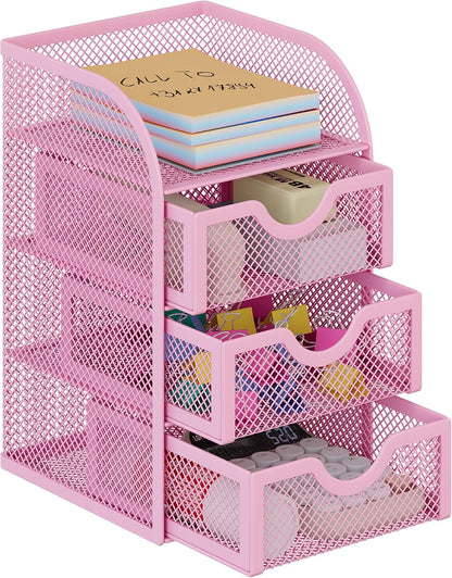 Mesh Desk Organizer with 3 Drawer Office Desktop Organizers and Accessories Stationery Caddy for Office, Home, Students, Pink