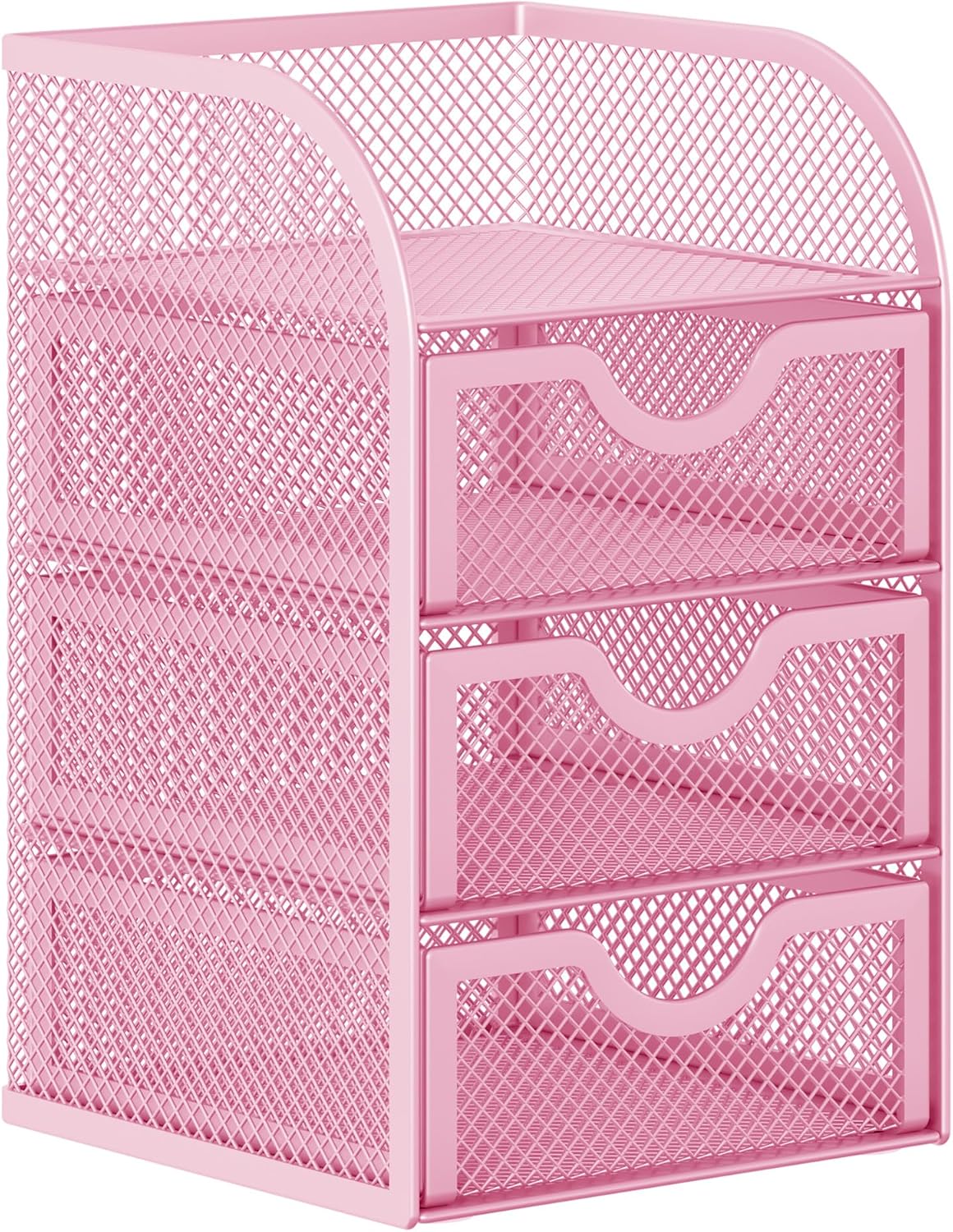 Mesh Desk Organizer with 3 Drawer Office Desktop Organizers and Accessories Stationery Caddy for Office, Home, Students, Pink