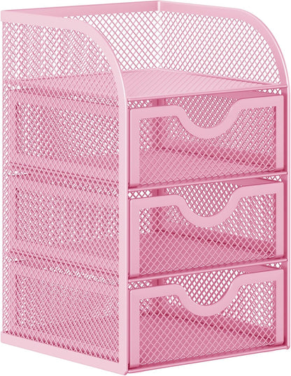 Mesh Desk Organizer with 3 Drawer Office Desktop Organizers and Accessories Stationery Caddy for Office, Home, Students, Pink