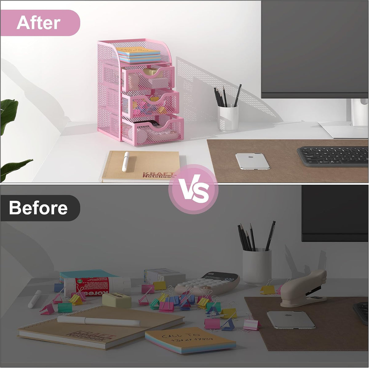 Mesh Desk Organizer with 3 Drawer Office Desktop Organizers and Accessories Stationery Caddy for Office, Home, Students, Pink