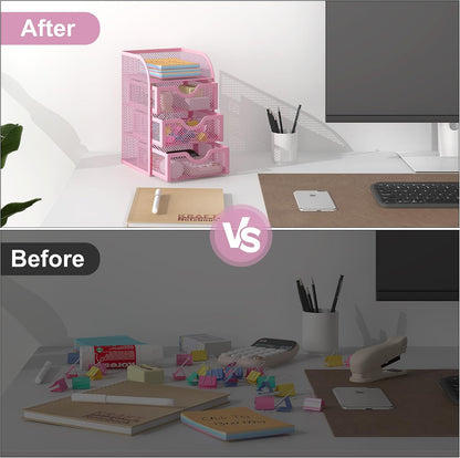 Mesh Desk Organizer with 3 Drawer Office Desktop Organizers and Accessories Stationery Caddy for Office, Home, Students, Pink