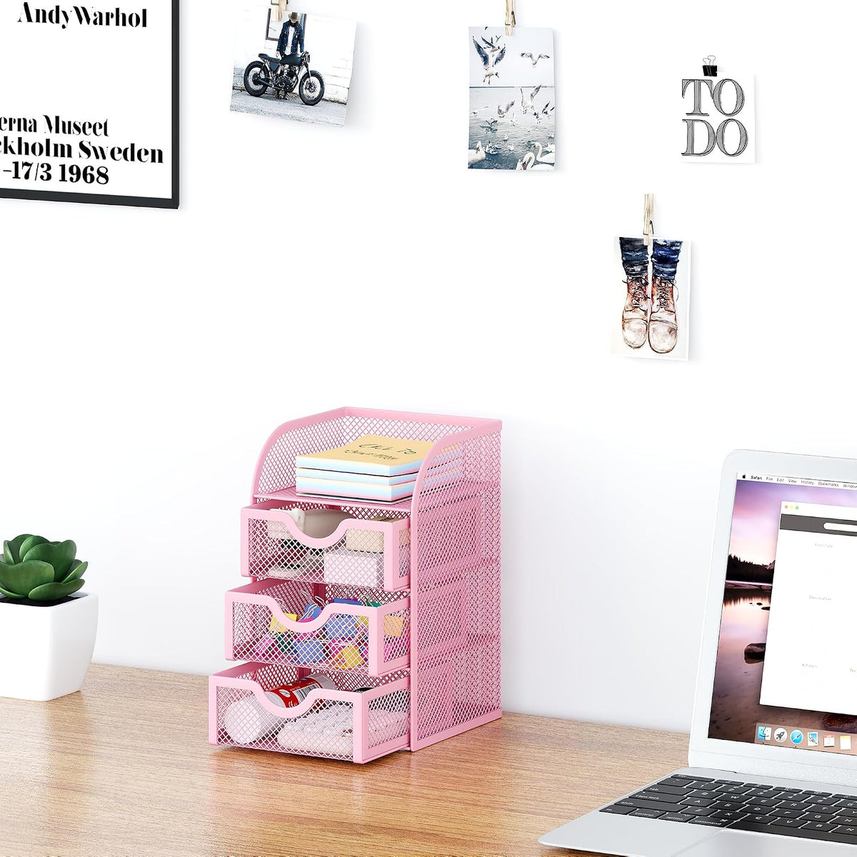 Mesh Desk Organizer with 3 Drawer Office Desktop Organizers and Accessories Stationery Caddy for Office, Home, Students, Pink