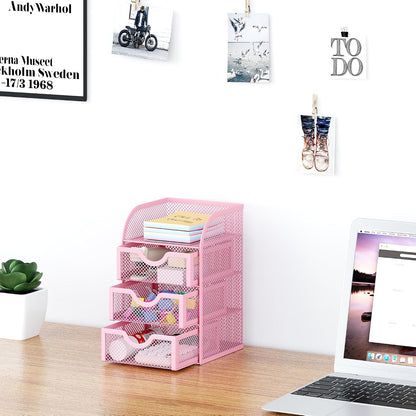 Mesh Desk Organizer with 3 Drawer Office Desktop Organizers and Accessories Stationery Caddy for Office, Home, Students, Pink