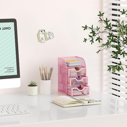 Mesh Desk Organizer with 3 Drawer Office Desktop Organizers and Accessories Stationery Caddy for Office, Home, Students, Pink
