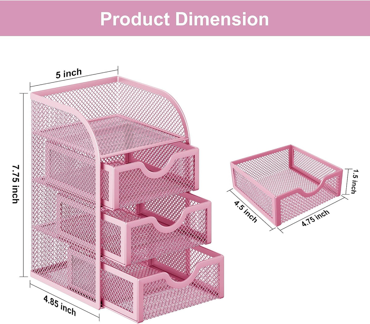 Mesh Desk Organizer with 3 Drawer Office Desktop Organizers and Accessories Stationery Caddy for Office, Home, Students, Pink