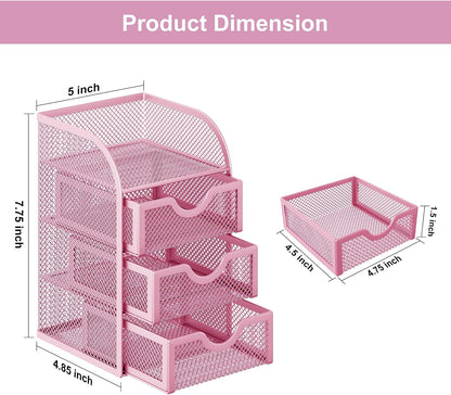 Mesh Desk Organizer with 3 Drawer Office Desktop Organizers and Accessories Stationery Caddy for Office, Home, Students, Pink
