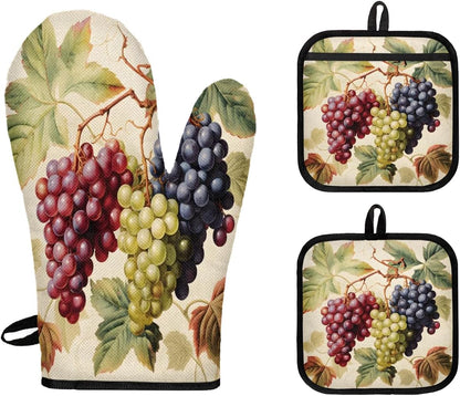 Colorful Grapes Oven Mitts and Pot Holders 3 pcs Set Heat Resistant Kitchen Oven Glove with Hanging Loop for Cooking Baking Grilling