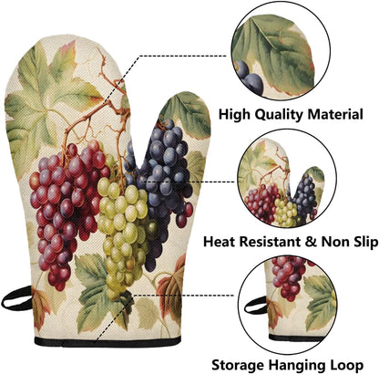 Colorful Grapes Oven Mitts and Pot Holders 3 pcs Set Heat Resistant Kitchen Oven Glove with Hanging Loop for Cooking Baking Grilling