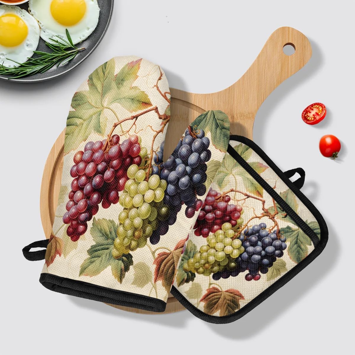 Colorful Grapes Oven Mitts and Pot Holders 3 pcs Set Heat Resistant Kitchen Oven Glove with Hanging Loop for Cooking Baking Grilling