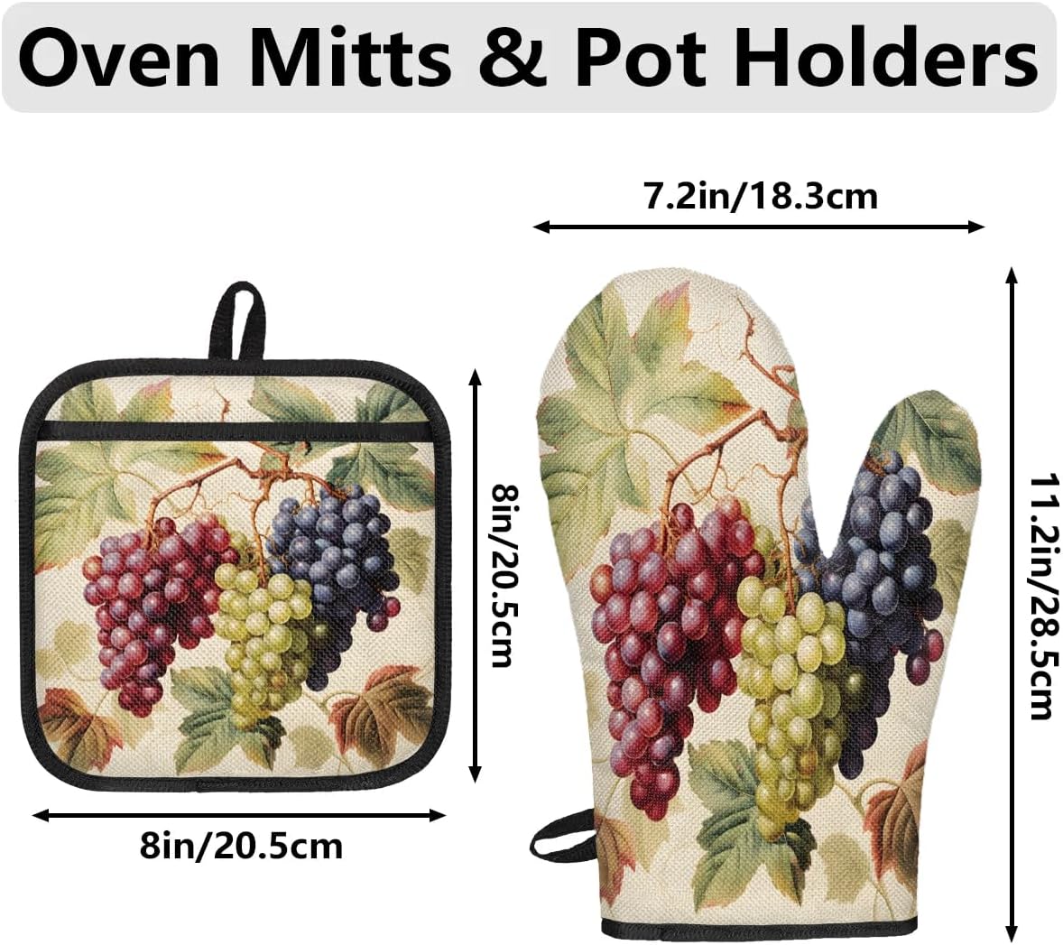 Colorful Grapes Oven Mitts and Pot Holders 3 pcs Set Heat Resistant Kitchen Oven Glove with Hanging Loop for Cooking Baking Grilling