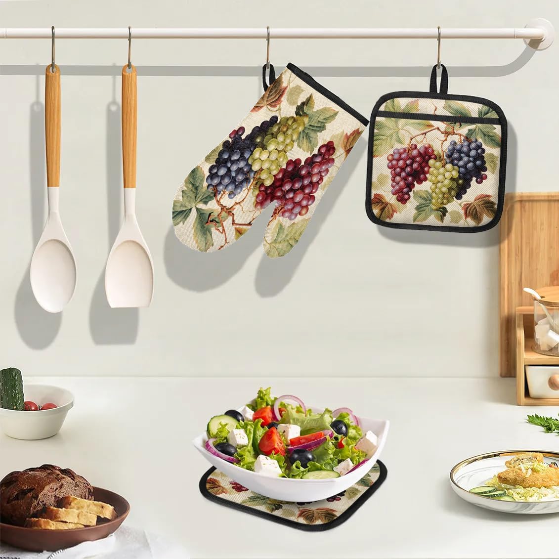 Colorful Grapes Oven Mitts and Pot Holders 3 pcs Set Heat Resistant Kitchen Oven Glove with Hanging Loop for Cooking Baking Grilling