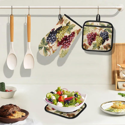 Colorful Grapes Oven Mitts and Pot Holders 3 pcs Set Heat Resistant Kitchen Oven Glove with Hanging Loop for Cooking Baking Grilling