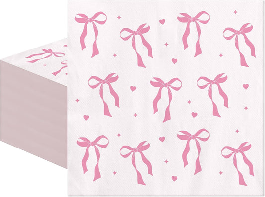 Pink Paper Napkins - 100 Pcs Disposable Napkins for Weddings Party Decorations, Cute Bow Dinner Napkin for Bride Engagement Baby Shower Party Decor