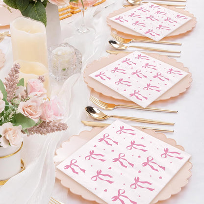 Pink Paper Napkins - 100 Pcs Disposable Napkins for Weddings Party Decorations, Cute Bow Dinner Napkin for Bride Engagement Baby Shower Party Decor