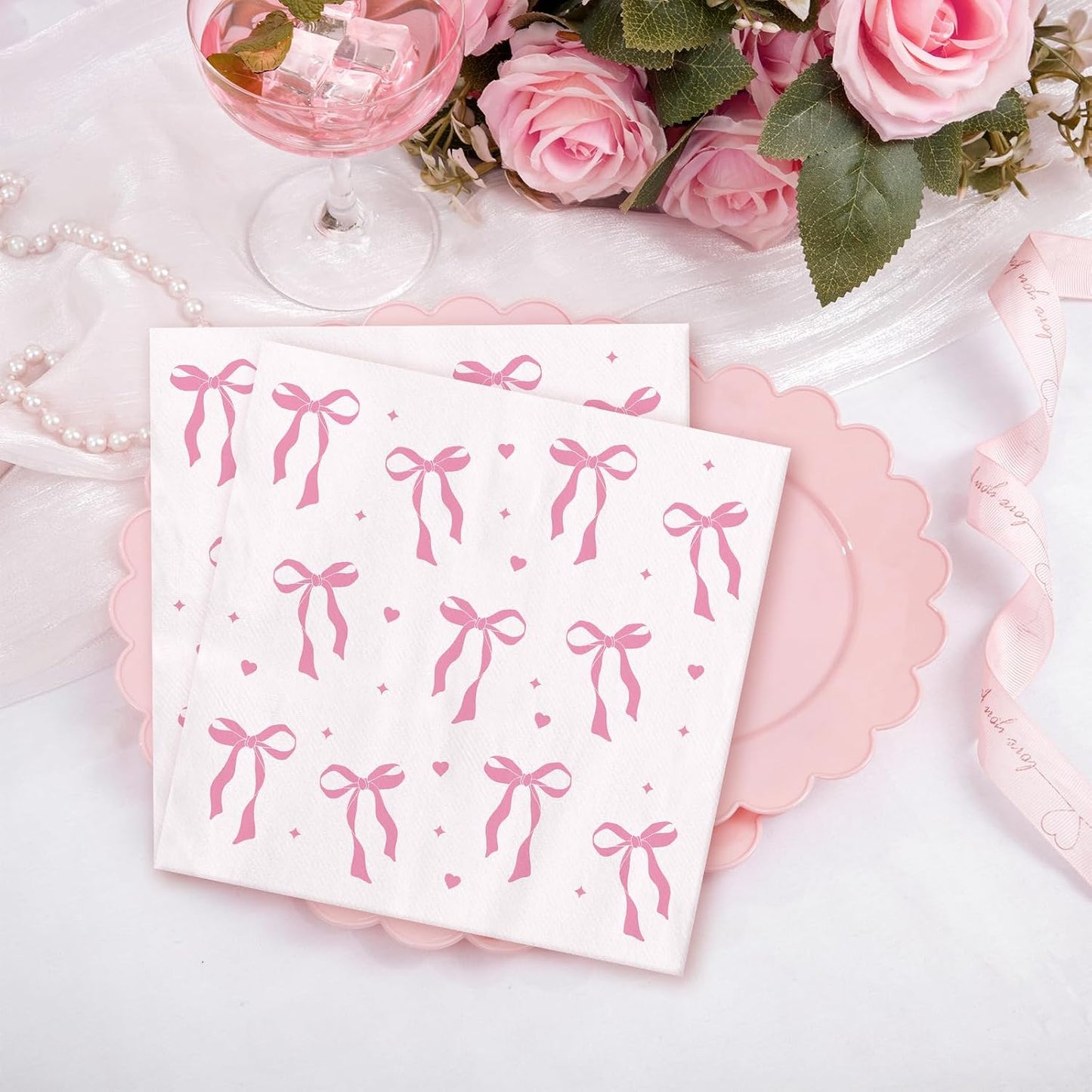 Pink Paper Napkins - 100 Pcs Disposable Napkins for Weddings Party Decorations, Cute Bow Dinner Napkin for Bride Engagement Baby Shower Party Decor