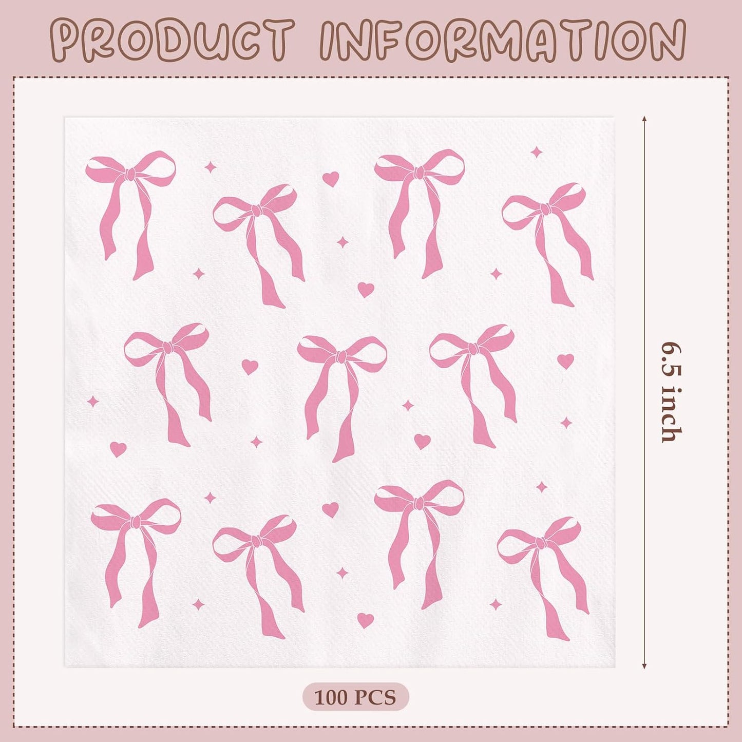 Pink Paper Napkins - 100 Pcs Disposable Napkins for Weddings Party Decorations, Cute Bow Dinner Napkin for Bride Engagement Baby Shower Party Decor