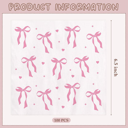 Pink Paper Napkins - 100 Pcs Disposable Napkins for Weddings Party Decorations, Cute Bow Dinner Napkin for Bride Engagement Baby Shower Party Decor