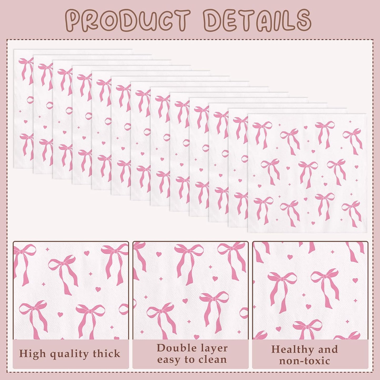 Pink Paper Napkins - 100 Pcs Disposable Napkins for Weddings Party Decorations, Cute Bow Dinner Napkin for Bride Engagement Baby Shower Party Decor