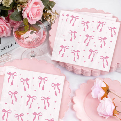 Pink Paper Napkins - 100 Pcs Disposable Napkins for Weddings Party Decorations, Cute Bow Dinner Napkin for Bride Engagement Baby Shower Party Decor