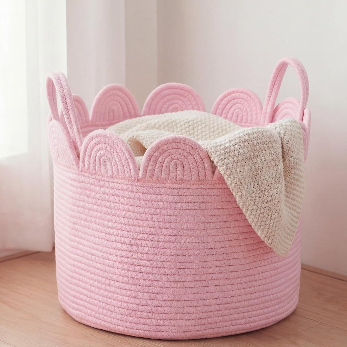 Round Woven Basket Pink, 16" L X 16" W X 14" H