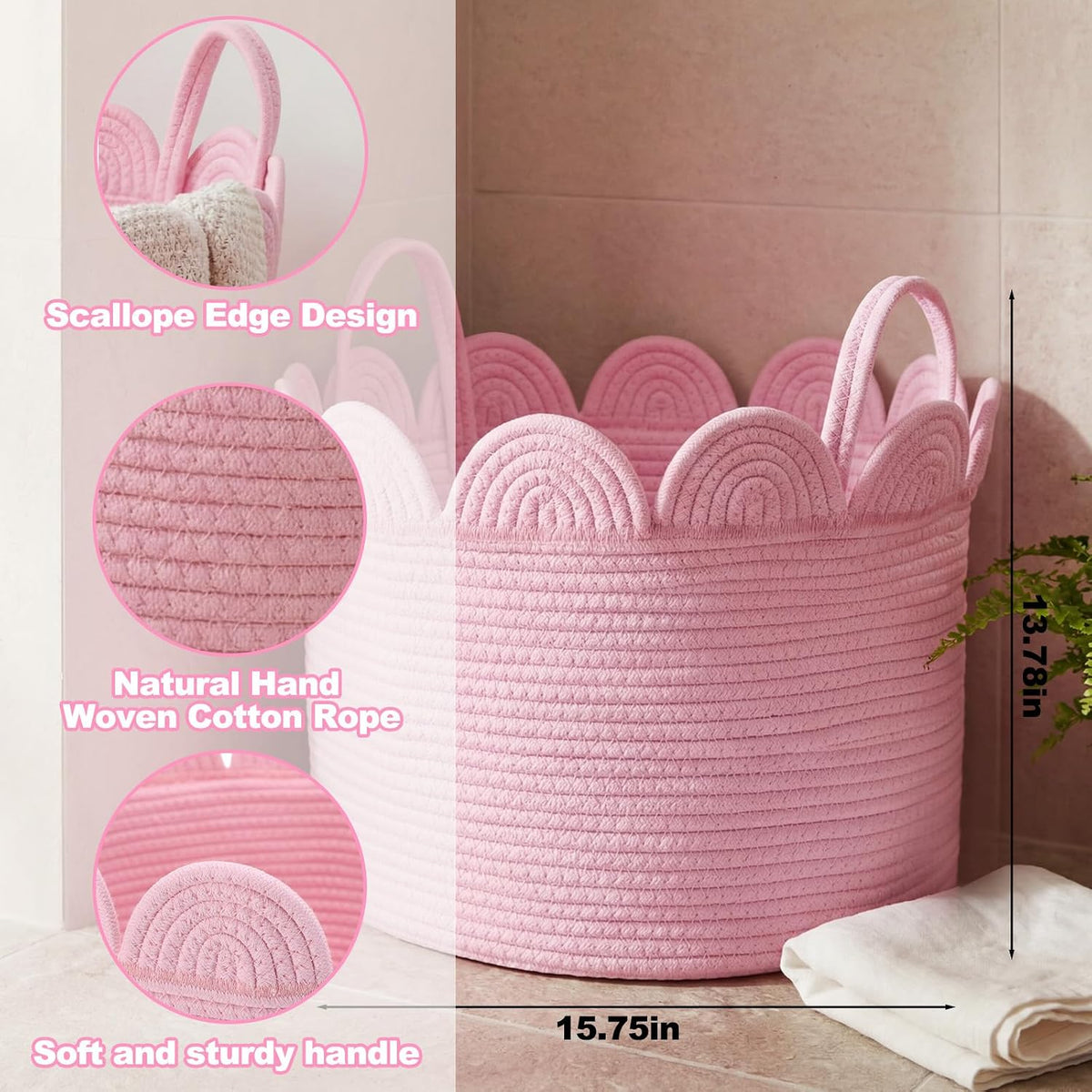 Round Woven Basket Pink, 16" L X 16" W X 14" H