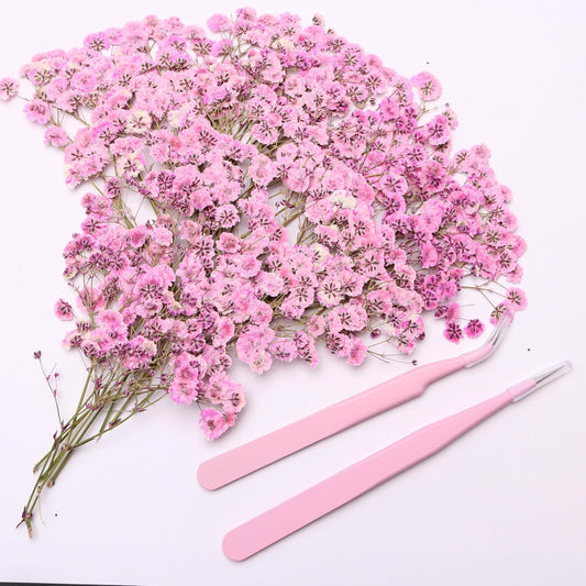 Pink 70 Pcs Small Dried Babys Breath Flowers for Resin ,Real Dried Babys Breath Pressed Flower for Wedding Invitations Wax Seals ,Dry Flat Baby's Breath Flower with 2 Tweezers.