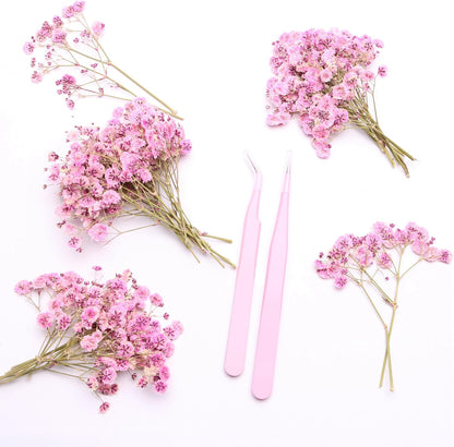 Pink 70 Pcs Small Dried Babys Breath Flowers for Resin ,Real Dried Babys Breath Pressed Flower for Wedding Invitations Wax Seals ,Dry Flat Baby's Breath Flower with 2 Tweezers.