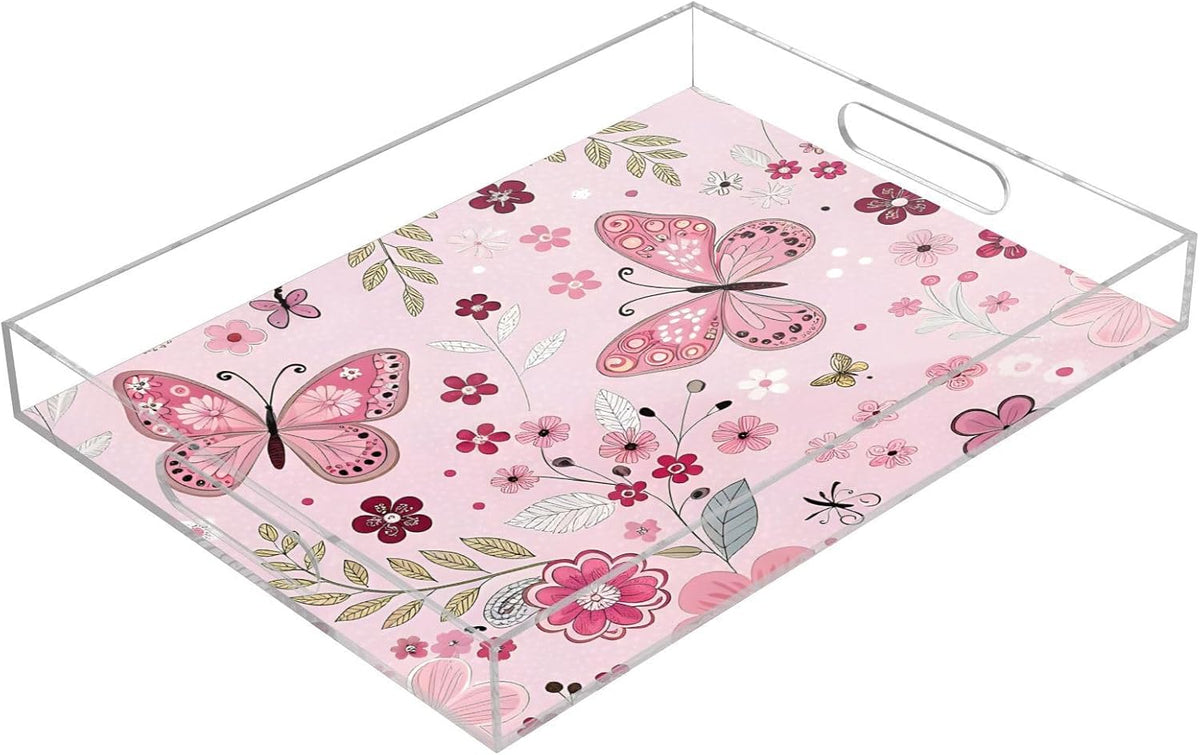 Butterfly and Flowers Pink Serving Tray 12" x 16" Acrylic Trays with Handles Decorative Serving Platter for Coffee, Breakfast in Bed, Dinner, Appetizers, Patio, Party