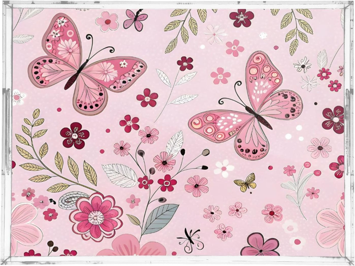 Butterfly and Flowers Pink Serving Tray 12" x 16" Acrylic Trays with Handles Decorative Serving Platter for Coffee, Breakfast in Bed, Dinner, Appetizers, Patio, Party
