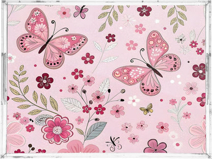 Butterfly and Flowers Pink Serving Tray 12" x 16" Acrylic Trays with Handles Decorative Serving Platter for Coffee, Breakfast in Bed, Dinner, Appetizers, Patio, Party