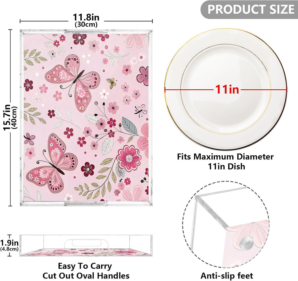 Butterfly and Flowers Pink Serving Tray 12" x 16" Acrylic Trays with Handles Decorative Serving Platter for Coffee, Breakfast in Bed, Dinner, Appetizers, Patio, Party