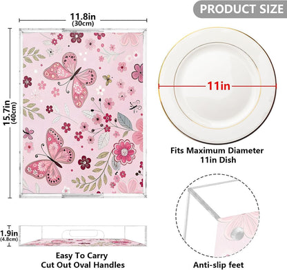 Butterfly and Flowers Pink Serving Tray 12" x 16" Acrylic Trays with Handles Decorative Serving Platter for Coffee, Breakfast in Bed, Dinner, Appetizers, Patio, Party